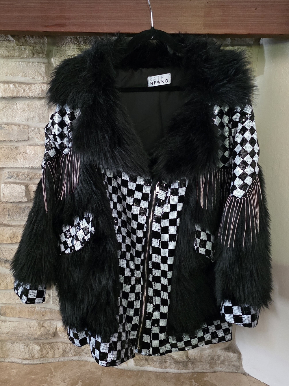 Kate Hewko Sequin Black & White Checkerboard Faux Fur Fringe Jacket